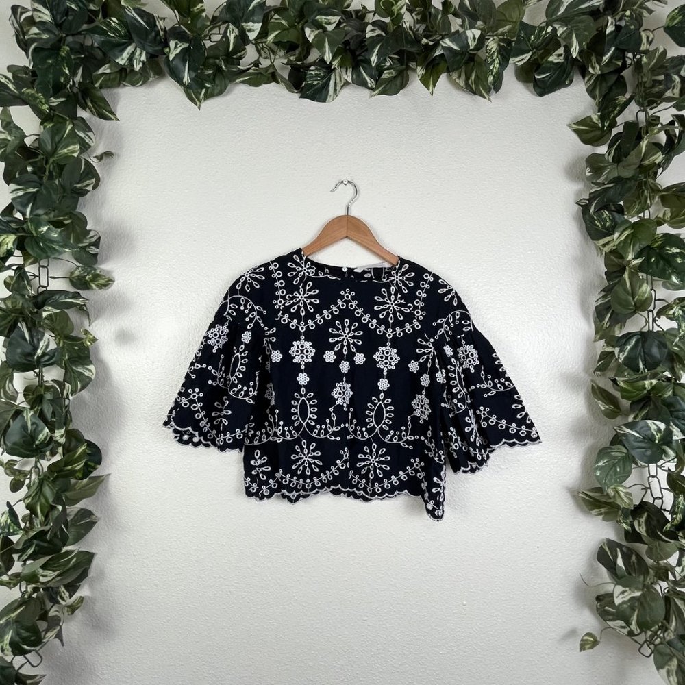 Zara Black Top with White Floral Embroidery